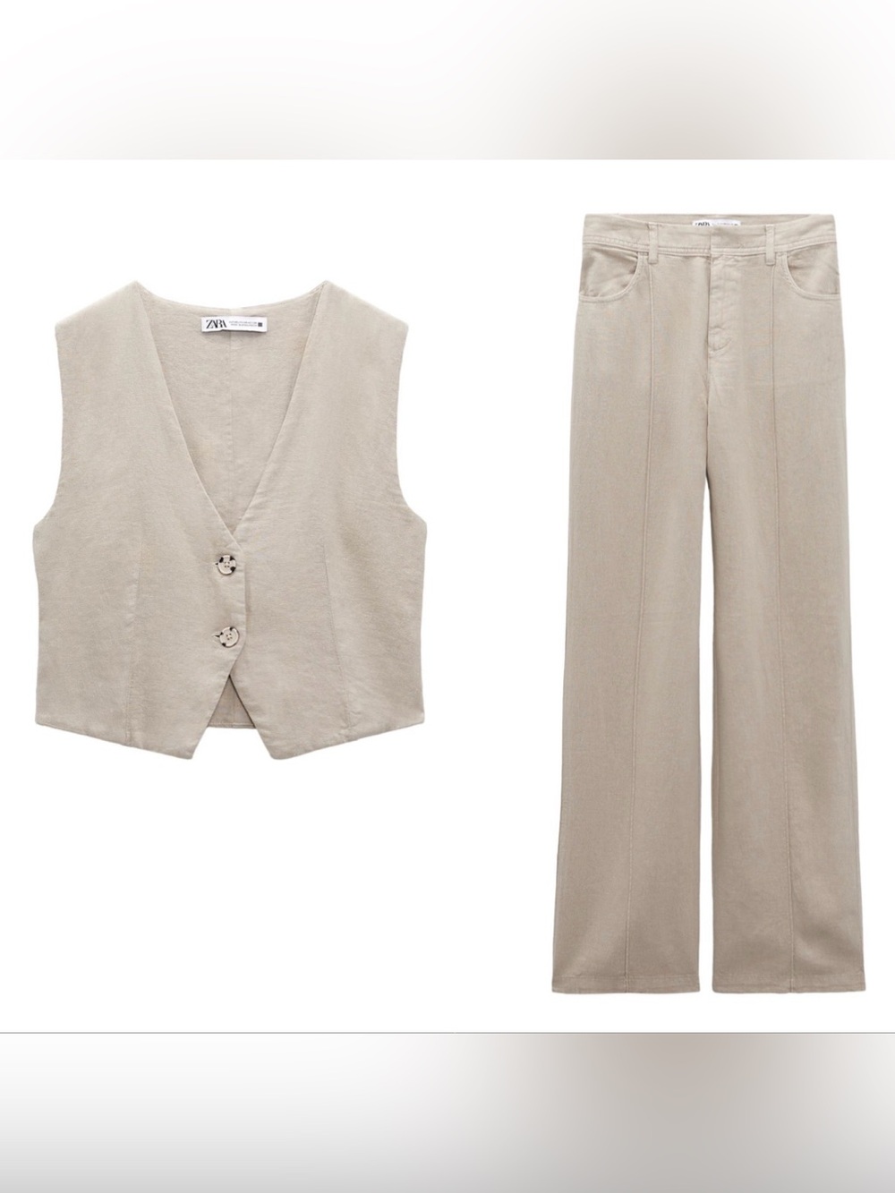 Zara Cream-Linen V-Neck Two-Button Vest + pants